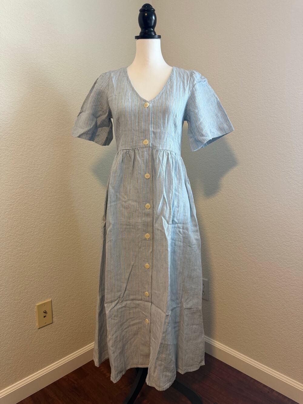 Madewell Riley Dress Blue White Striped Refined Linen Midi XS Button Front NWT